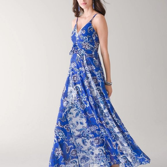 WHBM Mixed Print Chiffon Maxi Dress Paisley Bali Blue 4 - Picture 5 of 11